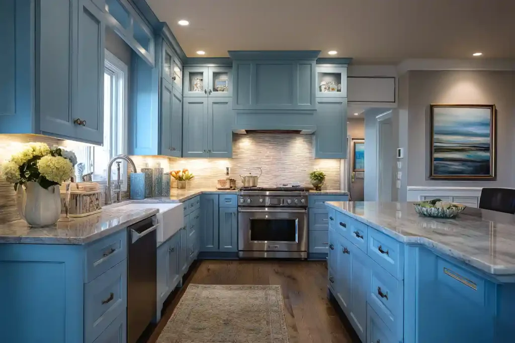 Budget shopping list for blue kitchen cabinets