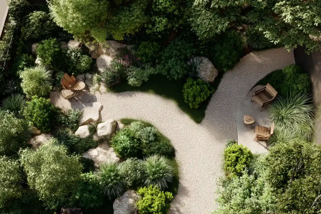 Low-maintenance backyard landscaping with native plants and gravel paths