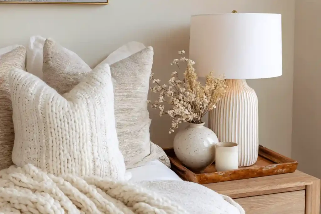 Simple winter decor swaps using warm lighting, textured pillows, and cozy throws