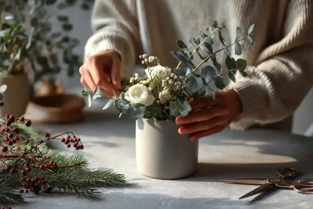 Hands arranging winter flowers and greenery in a vase step by step