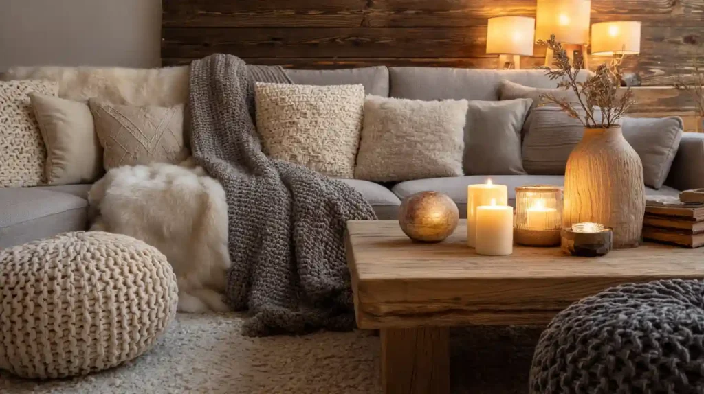 Cozy winter living room decor with neutral colors, warm lighting, and layered textures
