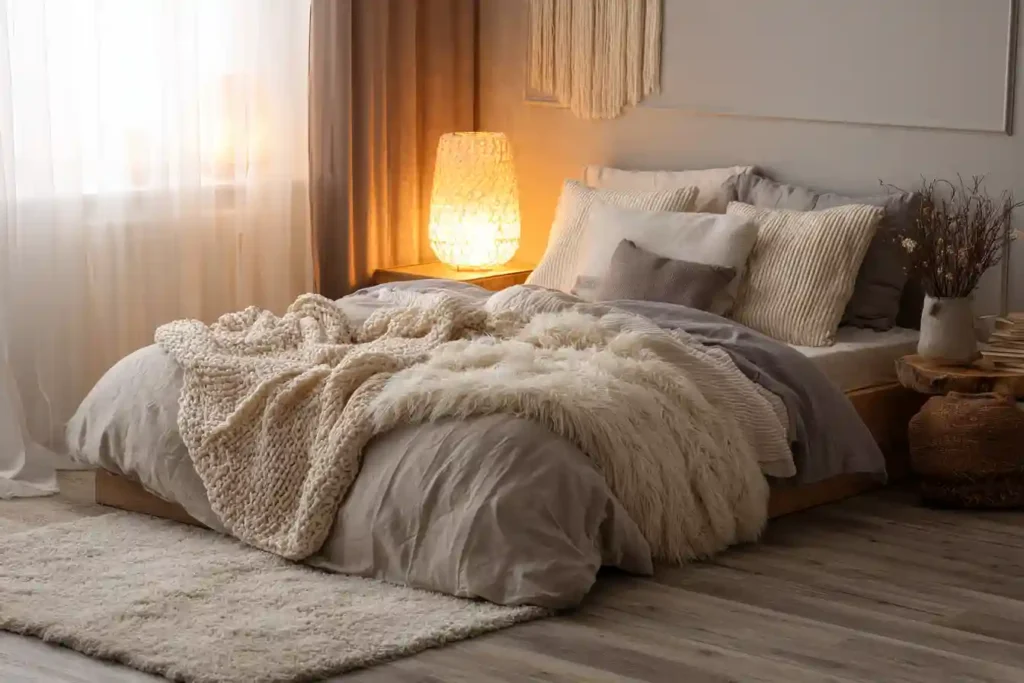 Winter bedroom decor with layered bedding and warm lighting for cold nights