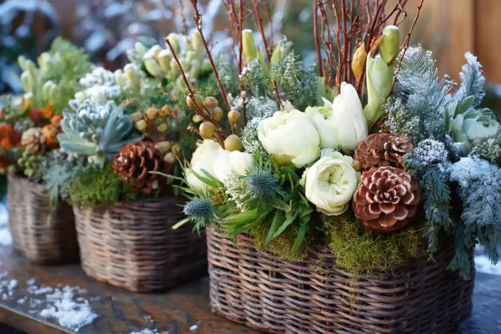 “Front porch with winter planters filled with evergreens, branches and berries