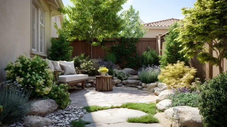 Peaceful backyard landscaping with natural greenery and a calm outdoor seating area