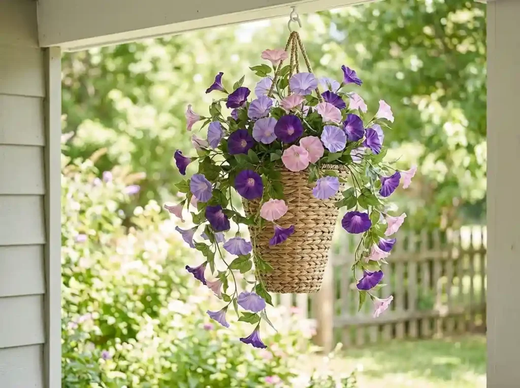 Ammyoo Faux Silk Morning Glory Hanging Basket