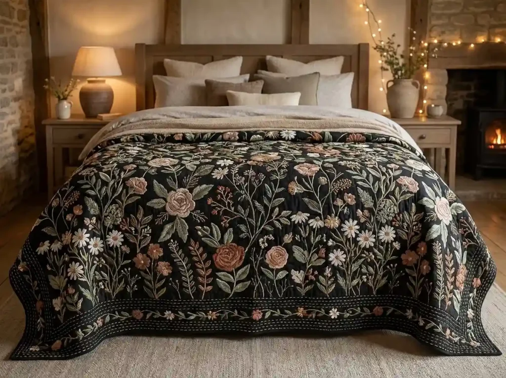 Andency Floral Boho Quilt King Size – Black Farmhouse Botanical