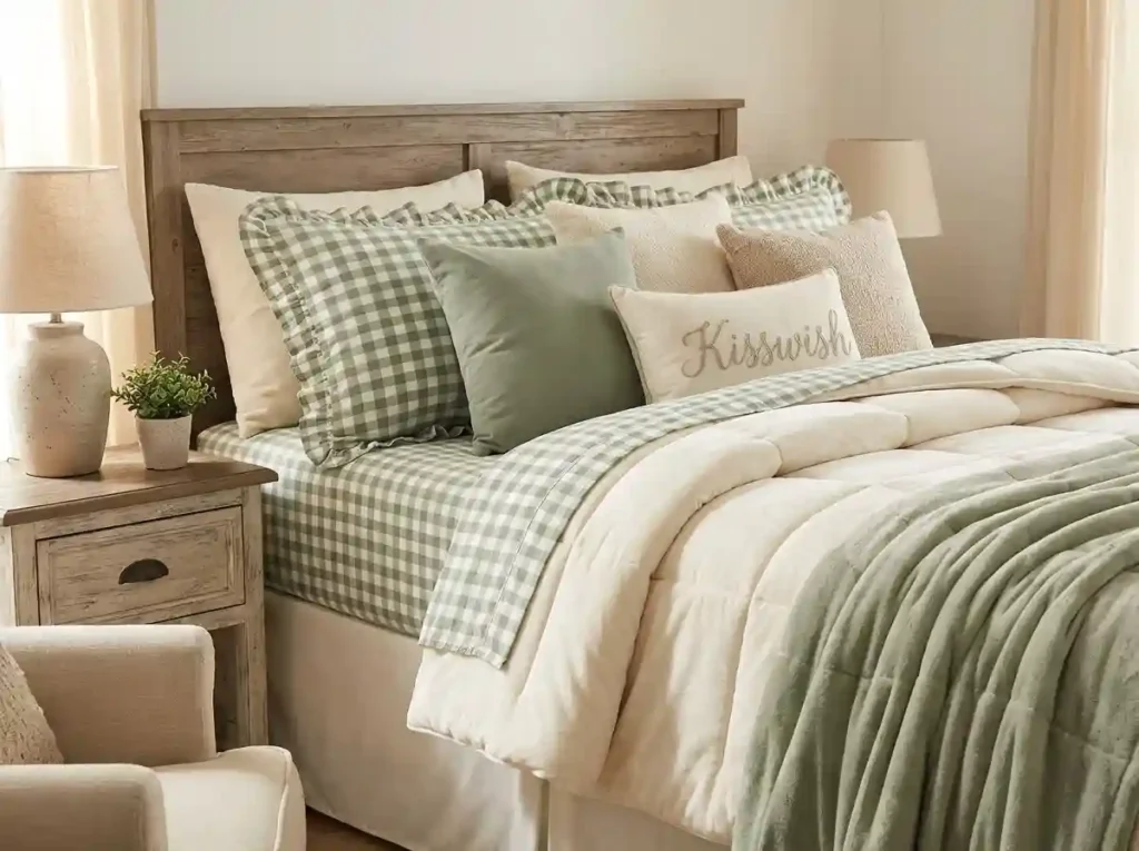Kisswish Gingham Queen Sheet Set – Sage Green Ruffle Farmhouse