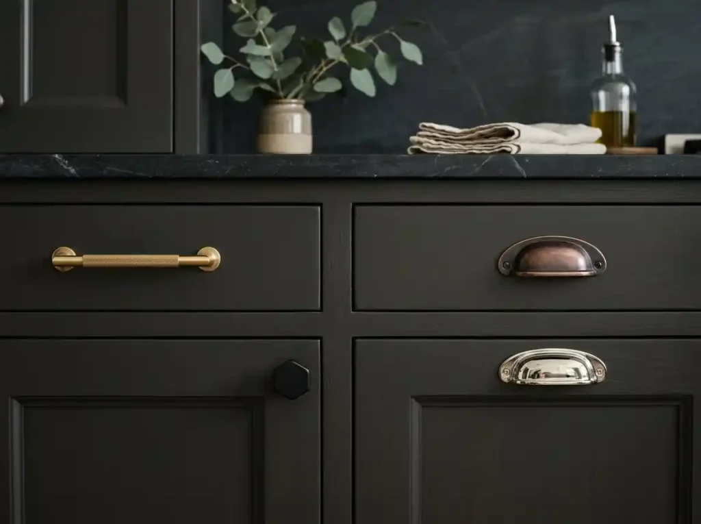 Close-up composition of dark kitchen cabinets featuring multiple hardware finishes including brushed brass, matte black, oil-rubbed bronze, and polished nickel, carefully styled luxury cabinetry details, soft studio lighting highlighting reflective textures and material contrast, elegant design-focused composition. No people, no human figures, no faces, no hands, no silhouettes, no crowds.”
